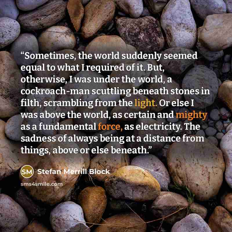“Sometimes, the world suddenly seemed equal to what I required of it. But, otherwise, I was under the world, a cockroach-man scuttling beneath stones in filth, scrambling from the light. Or else I was above the world, as certain and mighty as a fundamental force, as electricity. The sadness of…” quote by Stefan Merrill Block