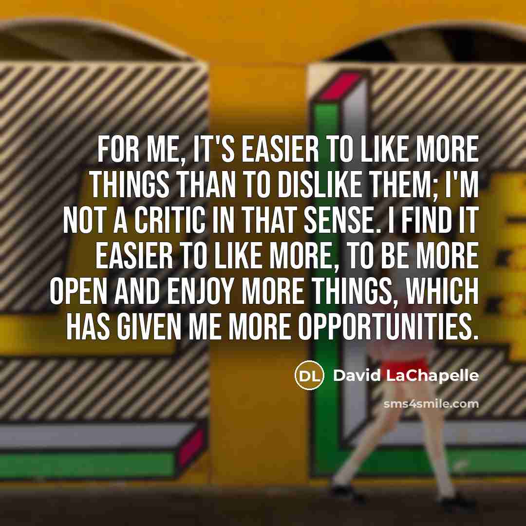 “For me, it's easier to like more things than to…” quote by David LaChapelle