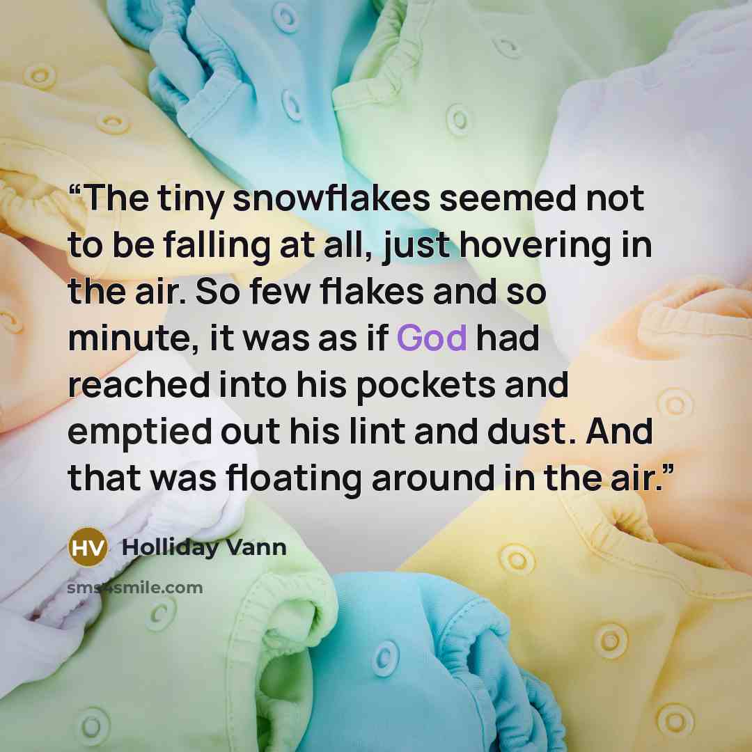 “The tiny snowflakes seemed not to be falling at all, just hovering in the air. So few flakes and so minute, it was as if God had reached into his pockets and emptied out his lint and dust. And that was floating around in the air.” quote by Holliday Vann