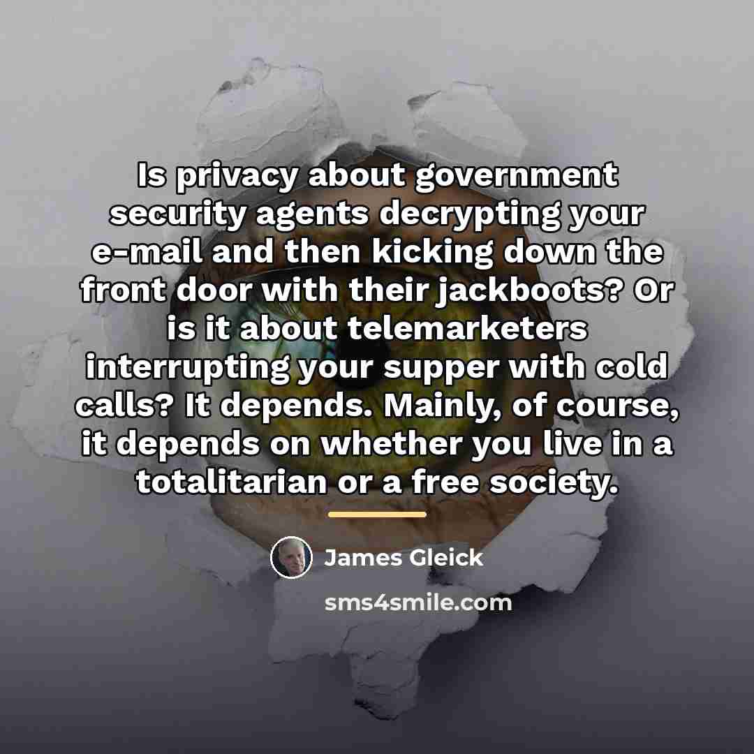 “Is privacy about government security agents decrypting your e-mail and…” quote by James Gleick