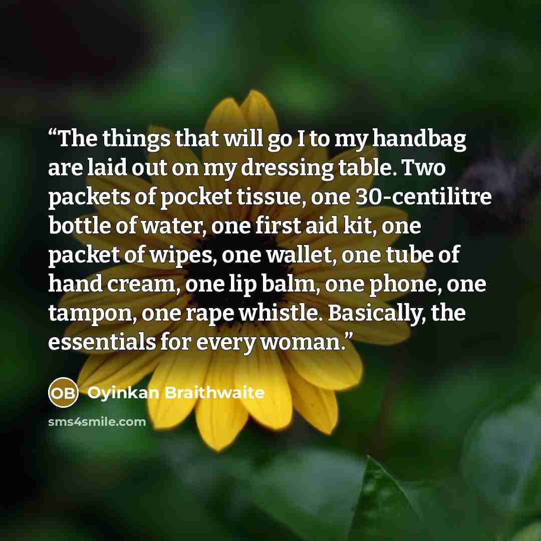 “The things that will go I to my handbag are laid out on my dressing table. Two packets of pocket tissue, one 30-centilitre bottle of water, one first aid kit, one packet of wipes, one wallet, one tube of hand cream, one lip balm, one phone, one tampon, one rape whistle. Basically, the essentials…” quote by Oyinkan Braithwaite
