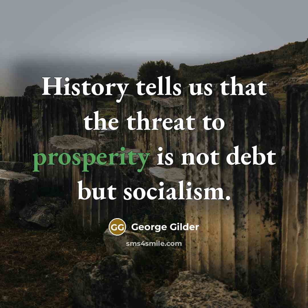 “History tells us that the threat to prosperity is not…” quote by George Gilder