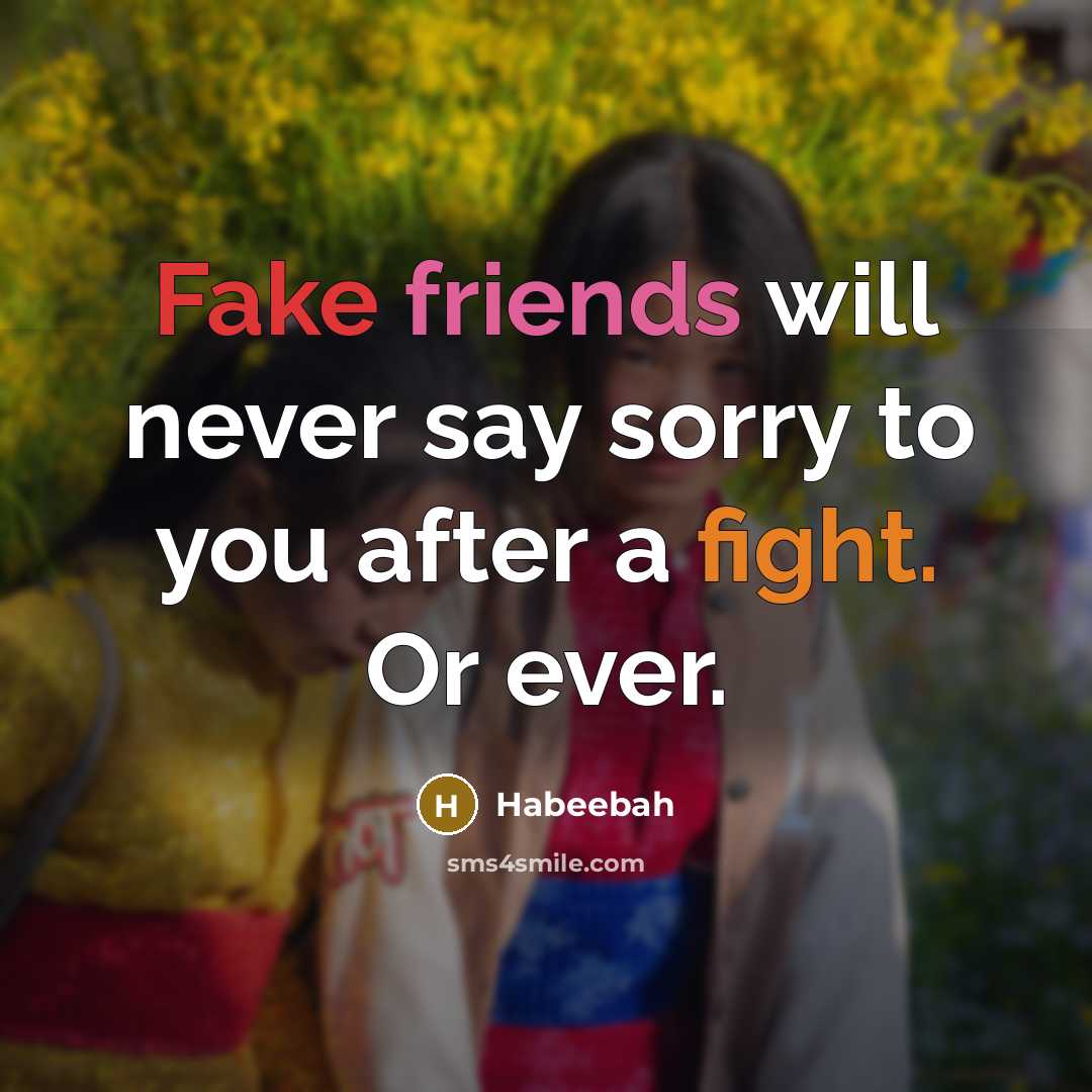 “Fake friends will never say sorry to you after a fight. Or ever.” quote by Habeebah