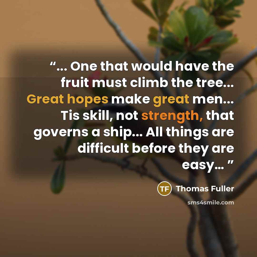 “... One that would have the fruit must climb the tree... Great hopes make great men... Tis skill, not strength, that governs a ship... All things are difficult before they are easy…” quote by Thomas Fuller
