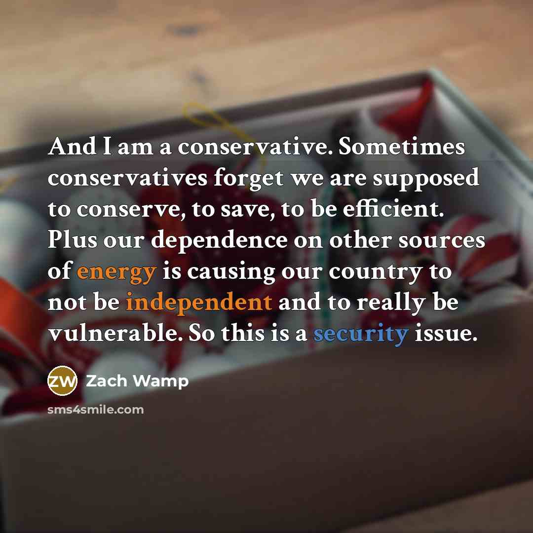 “And I am a conservative. Sometimes conservatives forget we are supposed to conserve, to save, to be efficient. Plus our dependence on other sources of energy is causing our country to not be independent and to really be vulnerable. So this is a security issue.” quote by Zach Wamp