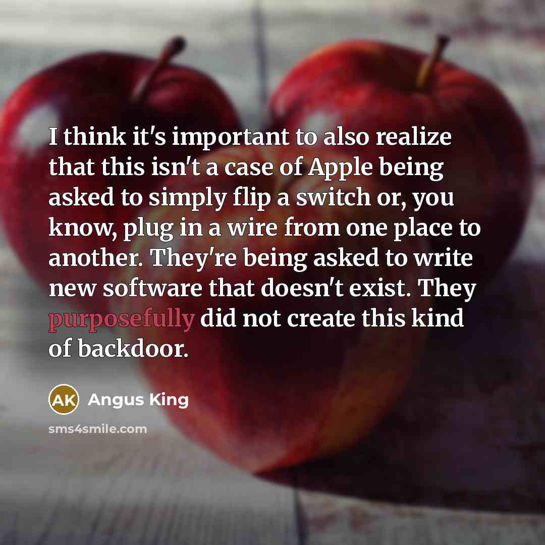 “I think it's important to also realize that this isn't a case of Apple being asked to simply flip a switch or, you know, plug in a wire from one place to another. They're being asked to write new software that doesn't exist. They purposefully did not create this kind of backdoor.” quote by Angus King