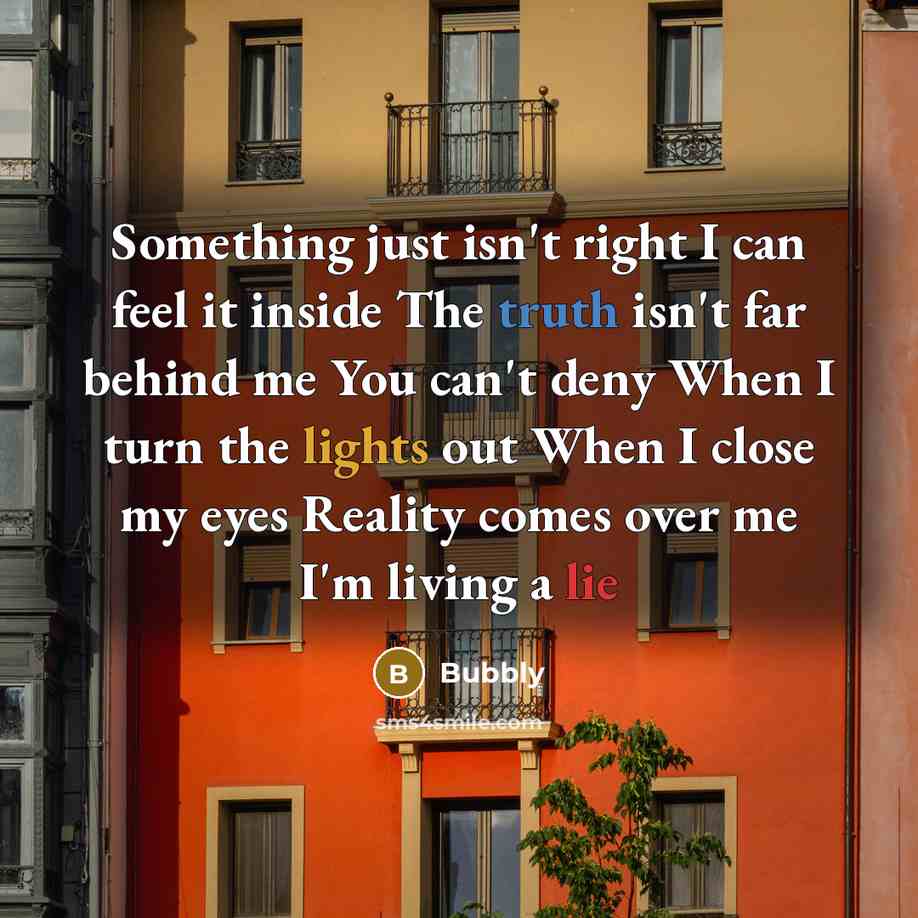 “Something just isn't right I can feel it inside The truth isn't far behind me You can't deny When I turn the lights out When I close my eyes Reality comes over me I'm living a lie” quote by Bubbly