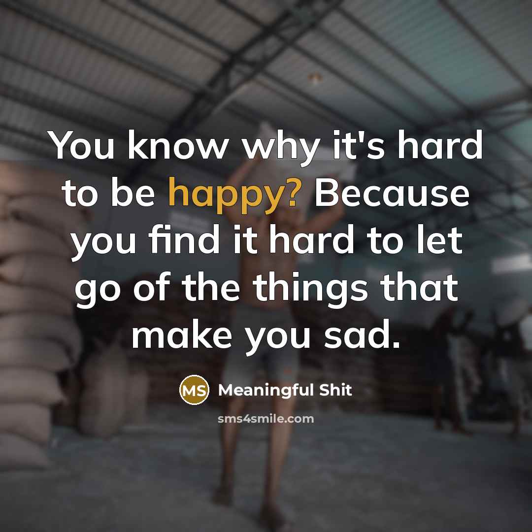 “You know why it's hard to be happy? Because you find it hard to let go of the things that make you sad.” quote by Meaningful Shit
