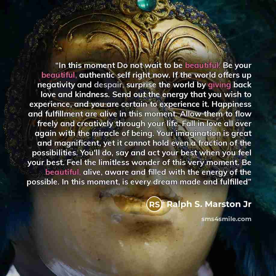 “In this moment Do not wait to be beautiful. Be your beautiful, authentic self right now. If the world offers up negativity and despair, surprise the world by giving back love and kindness. Send out the energy that you wish to experience, and you are certain to experience it. Happiness and…” quote by Ralph S. Marston Jr