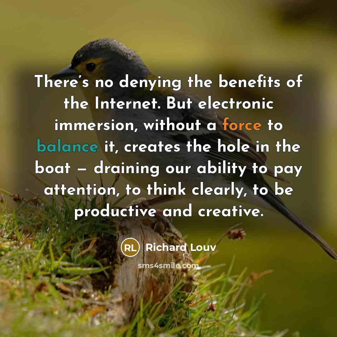 “There’s no denying the benefits of the Internet. But electronic…” quote by Richard Louv