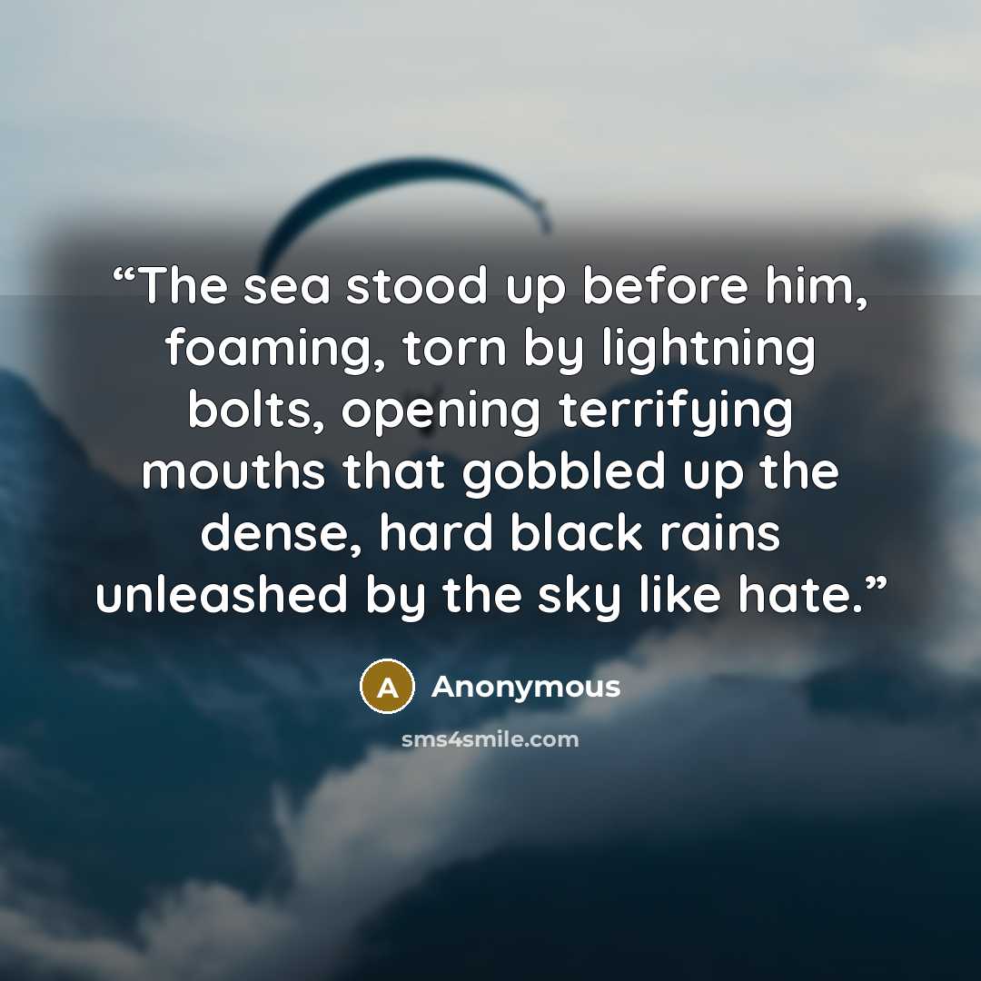 “The sea stood up before him, foaming, torn by lightning bolts, opening terrifying mouths that gobbled up the dense, hard black rains unleashed by the sky like hate.” quote by Anonymous