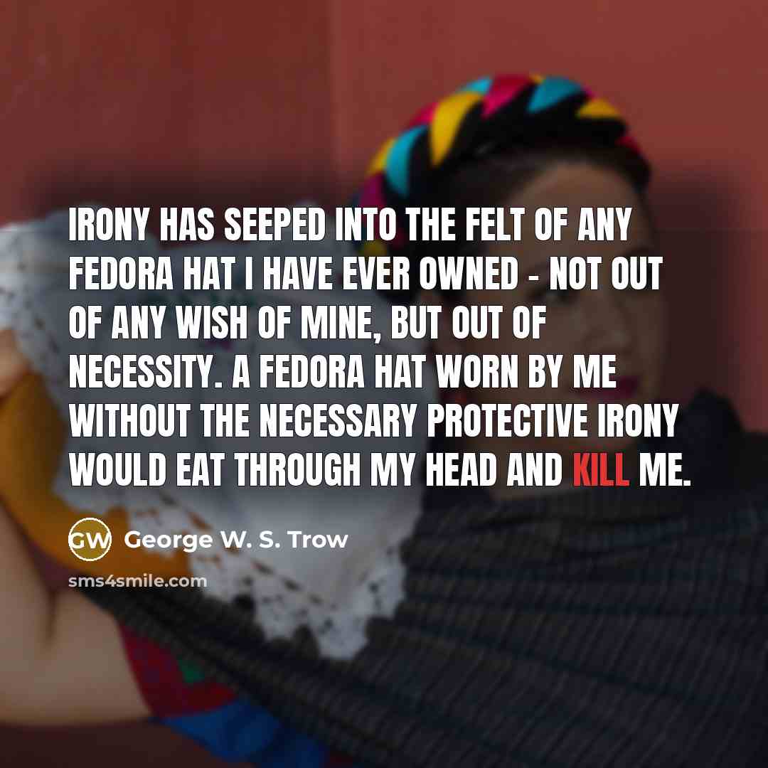 “Irony has seeped into the felt of any fedora hat…” quote by George W. S. Trow
