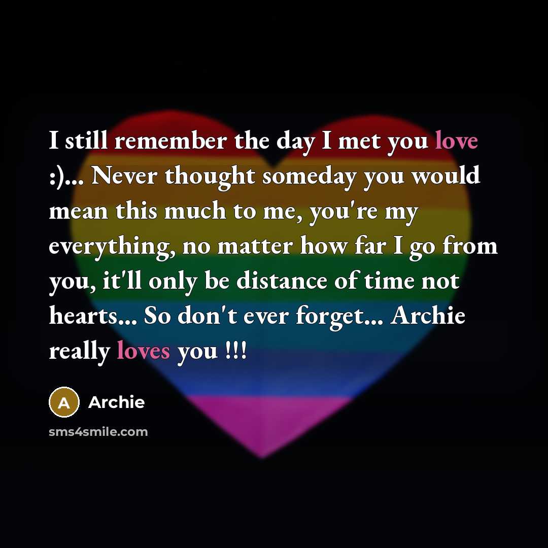 “I still remember the day I met you love :)… Never thought someday you would mean this much to me, you're my everything, no matter how far I go from you, it'll only be distance of time not hearts… So don't ever forget… Archie really loves you !!!” quote by Archie