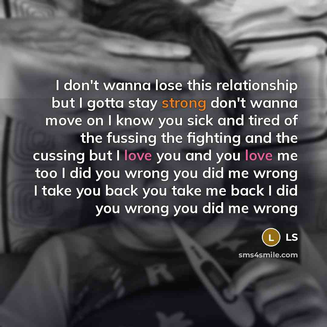“I don't wanna lose this relationship but I gotta stay strong don't wanna move on I know you sick and tired of the fussing the fighting and the cussing but I love you and you love me too I did you wrong you did me wrong I take you back you take me back I did you wrong you did me wrong” quote by LS
