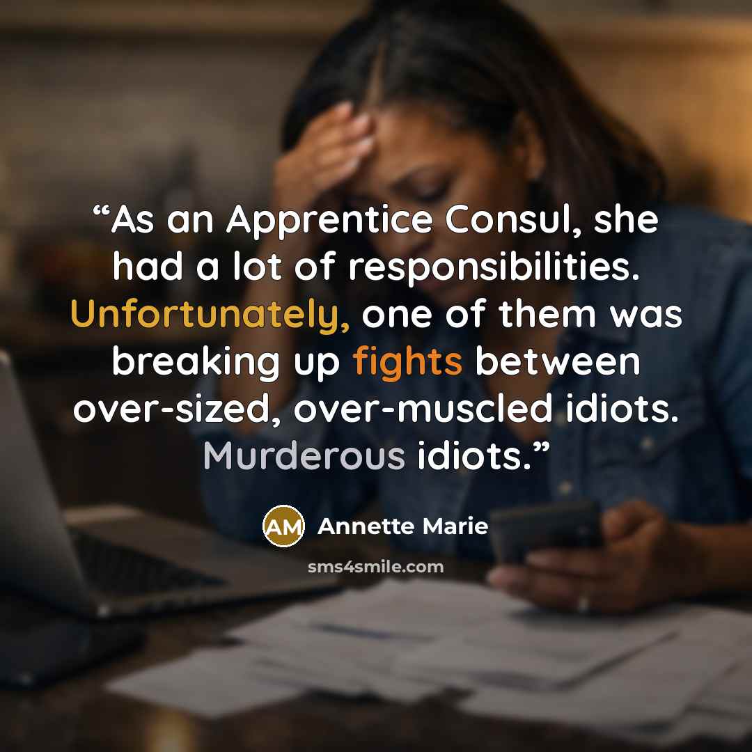“As an Apprentice Consul, she had a lot of responsibilities. Unfortunately, one of them was breaking up fights between over-sized, over-muscled idiots. Murderous idiots.” quote by Annette Marie