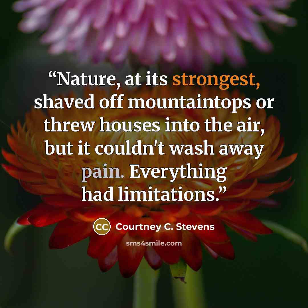 “Nature, at its strongest, shaved off mountaintops or threw houses into the air, but it couldn't wash away pain. Everything had limitations.” quote by Courtney C. Stevens