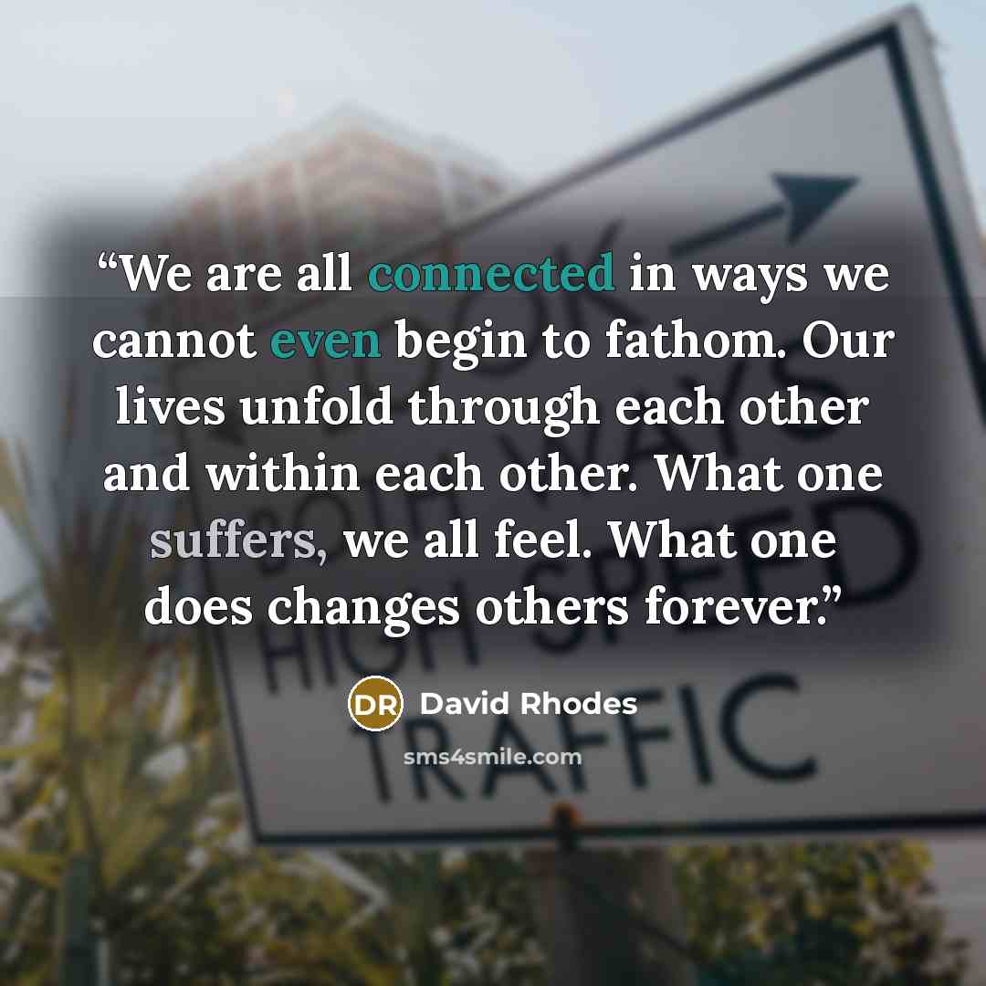 “We are all connected in ways we cannot even begin to fathom. Our lives unfold through each other and within each other. What one suffers, we all feel. What one does changes others forever.” quote by David Rhodes