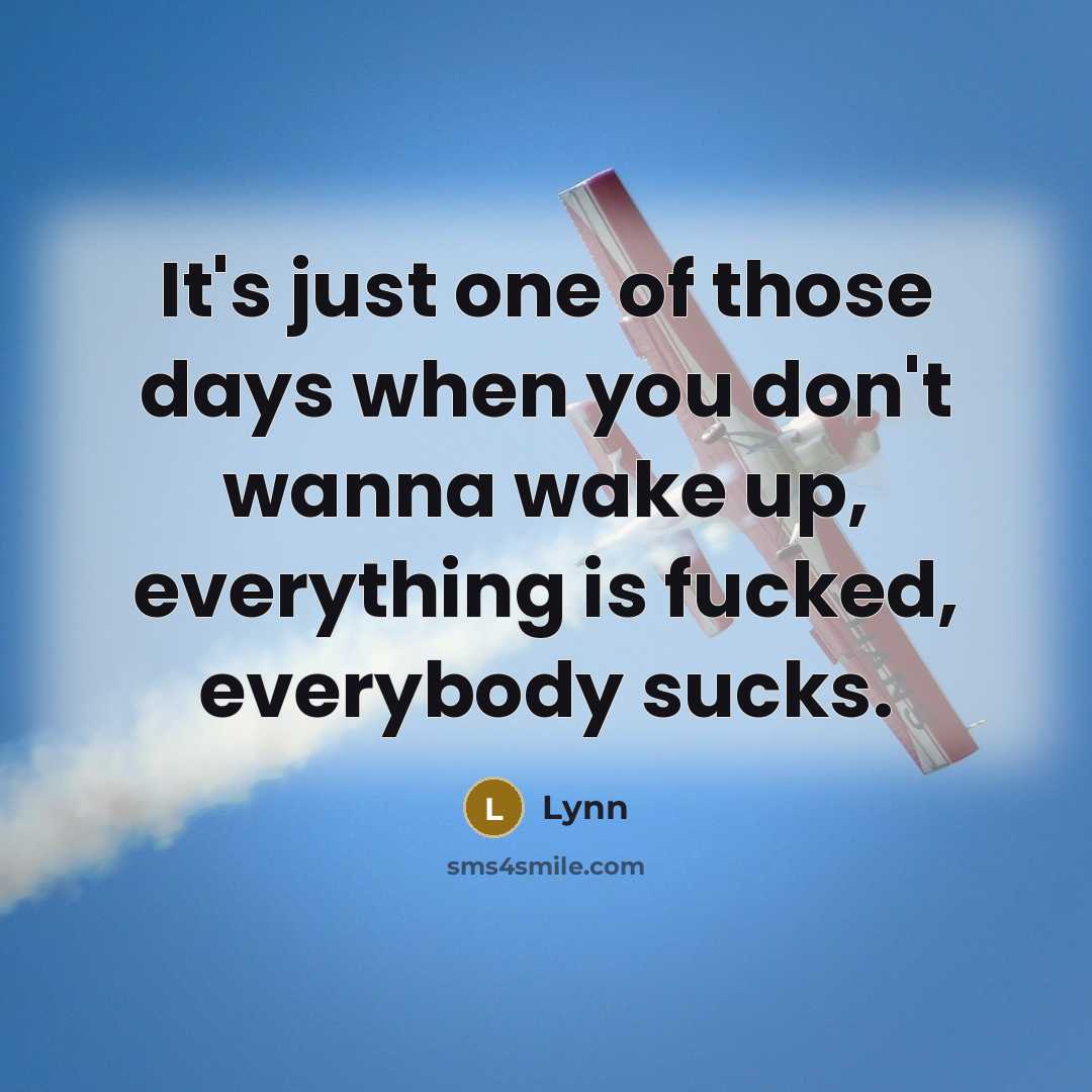 “It's just one of those days when you don't wanna wake up, everything is fucked, everybody sucks.” quote by Lynn