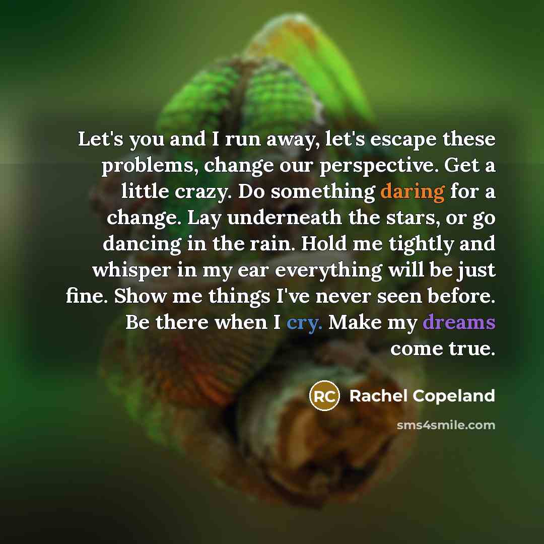 “Let's you and I run away, let's escape these problems,…” quote by Rachel Copeland