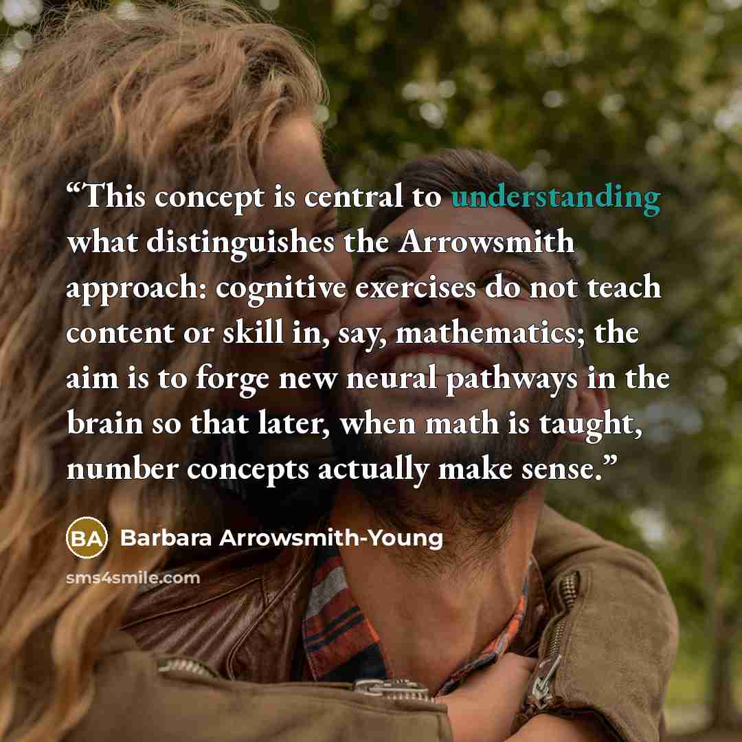 “This concept is central to understanding what distinguishes the Arrowsmith approach: cognitive exercises do not teach content or skill in, say, mathematics; the aim is to forge new neural pathways in the brain so that later, when math is taught, number concepts actually make sense.” quote by Barbara Arrowsmith-Young