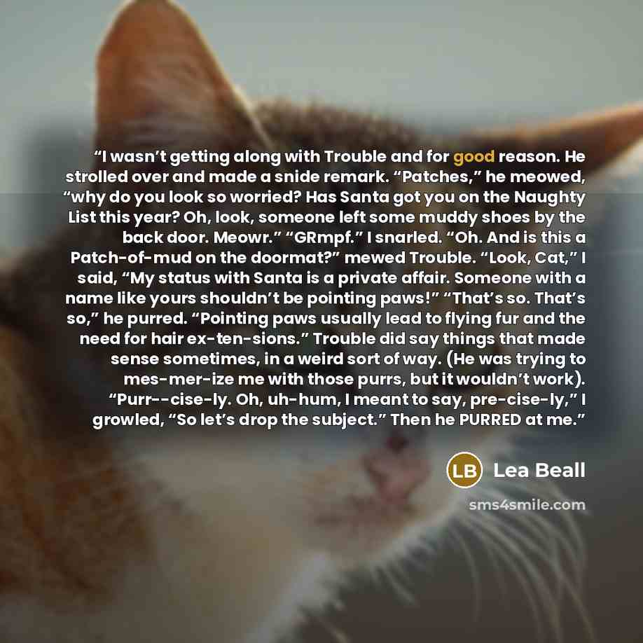 “I wasn’t getting along with Trouble and for good reason. He strolled over and made a snide remark. “Patches,” he meowed, “why do you look so worried? Has Santa got you on the Naughty List this year? Oh, look, someone left some muddy shoes by the back door. Meowr.” “GRmpf.” I snarled. “Oh. And is…” quote by Lea Beall