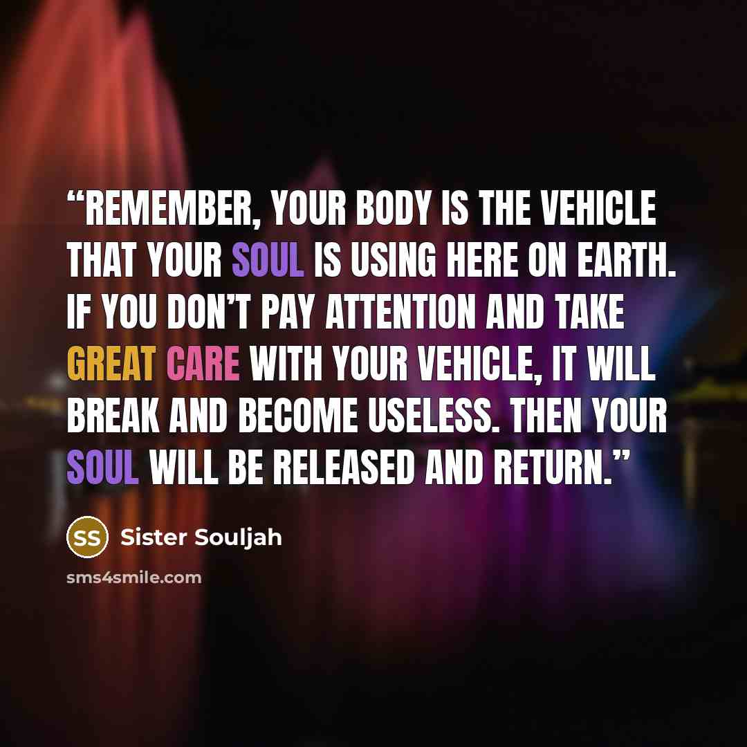 “Remember, your body is the vehicle that your soul is using here on Earth. If you don’t pay attention and take great care with your vehicle, it will break and become useless. Then your soul will be released and return.” quote by Sister Souljah