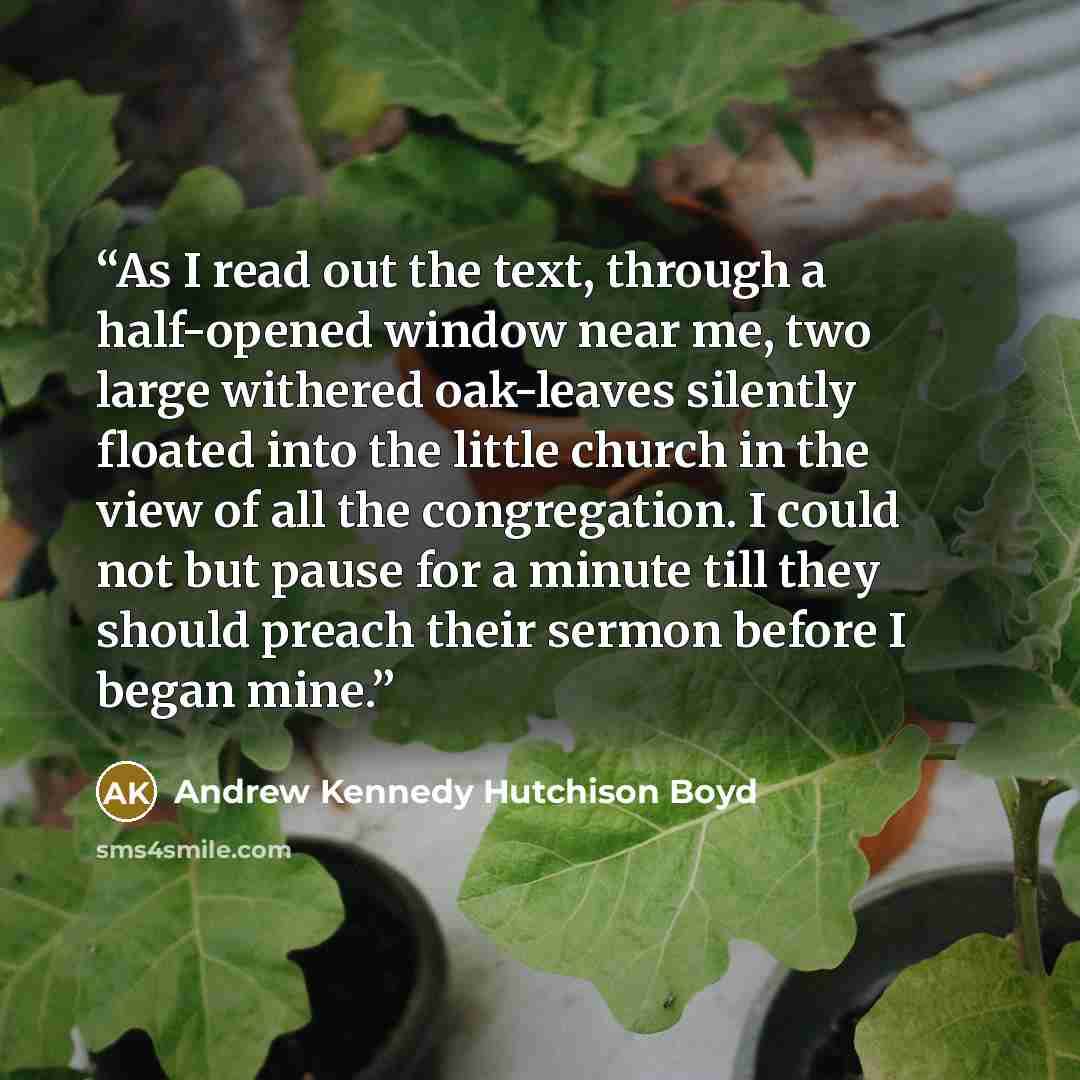 “As I read out the text, through a half-opened window near me, two large withered oak-leaves silently floated into the little church in the view of all the congregation. I could not but pause for a minute till they should preach their sermon before I began mine.” quote by Andrew Kennedy Hutchison Boyd