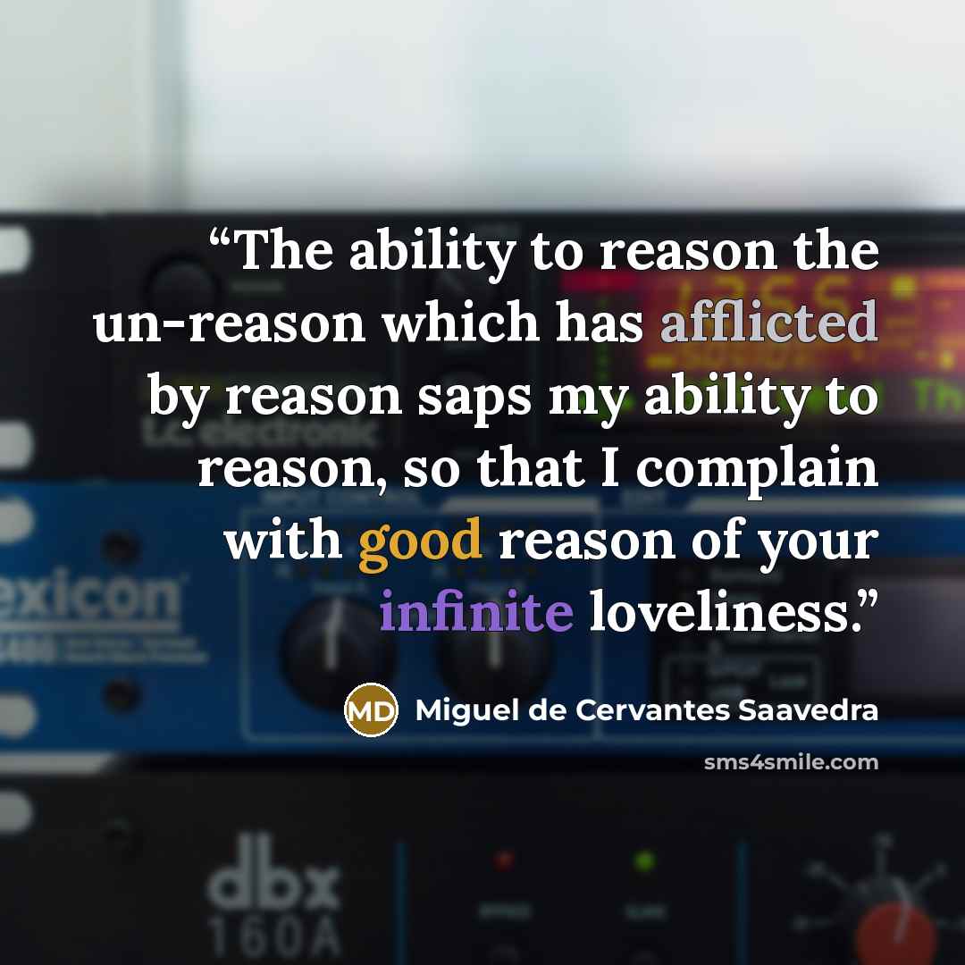 “The ability to reason the un-reason which has afflicted by reason saps my ability to reason, so that I complain with good reason of your infinite loveliness.” quote by Miguel de Cervantes Saavedra