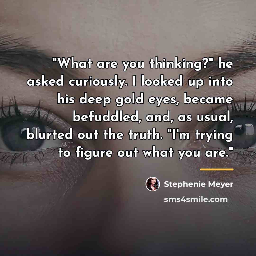 “"What are you thinking?" he asked curiously. I looked up…” quote by Stephenie Meyer