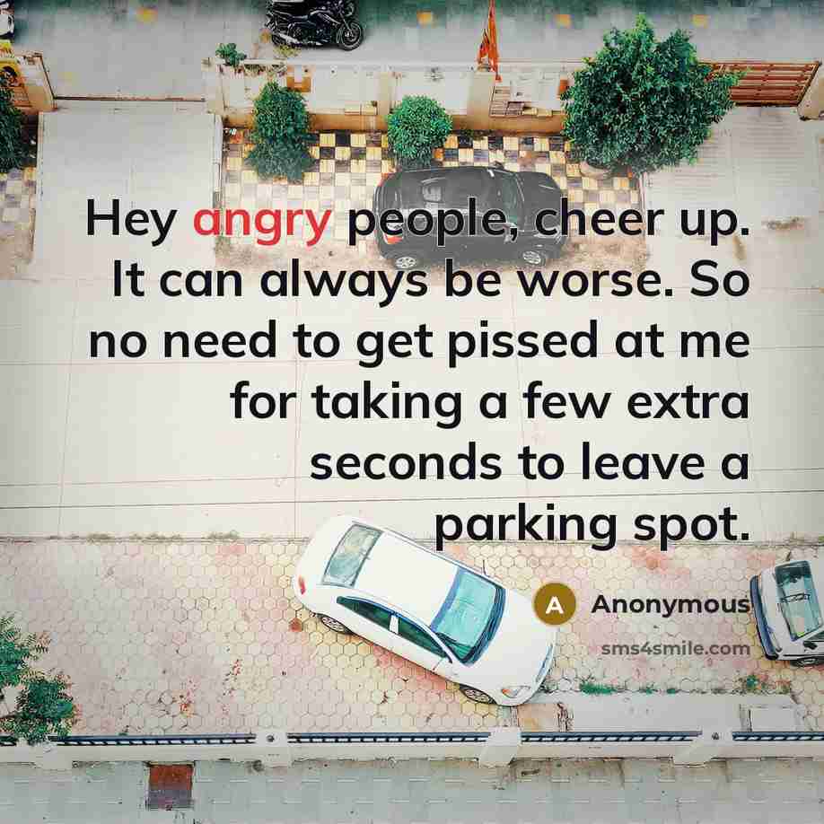 “Hey angry people, cheer up. It can always be worse. So no need to get pissed at me for taking a few extra seconds to leave a parking spot.” quote by Anonymous