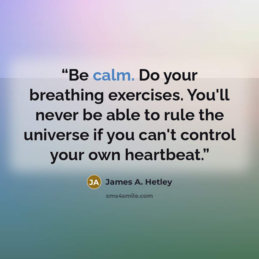 “Be calm. Do your breathing exercises. You'll never be able to rule the universe if you can't control your own heartbeat.” quote by James A. Hetley