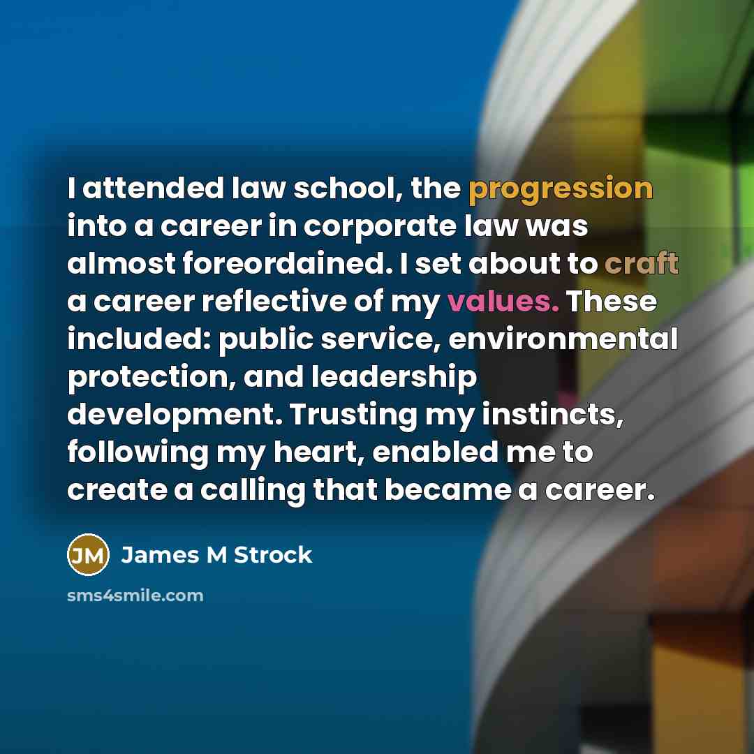 “I attended law school, the progression into a career in…” quote by James M Strock