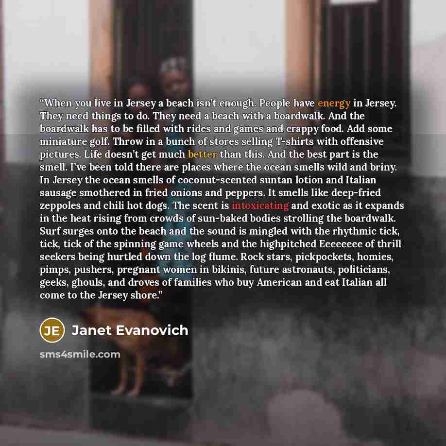 “When you live in Jersey a beach isn’t enough. People have energy in Jersey. They need things to do. They need a beach with a boardwalk. And the boardwalk has to be filled with rides and games and crappy food. Add some miniature golf. Throw in a bunch of stores selling T-shirts with offensive…” quote by Janet Evanovich