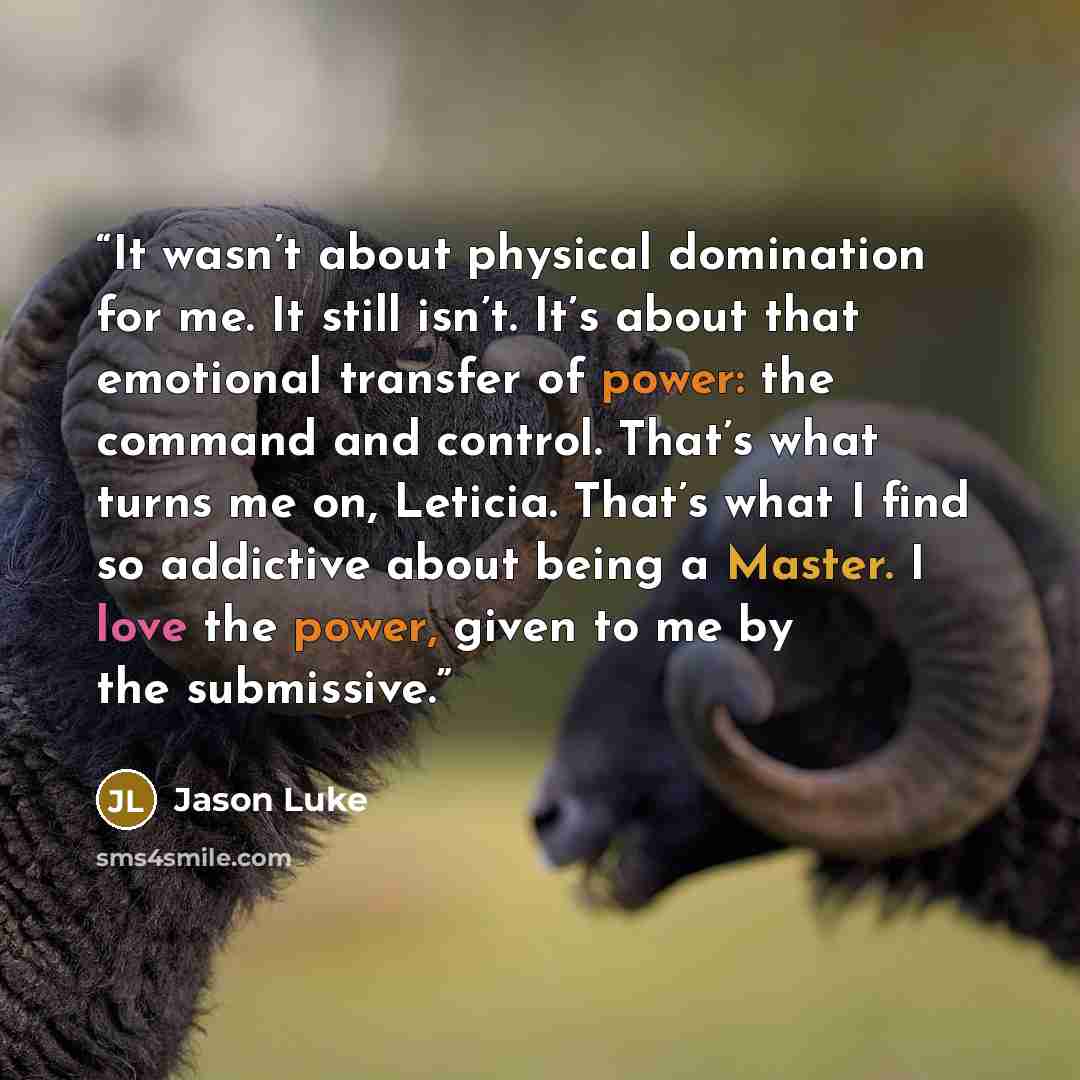 “It wasn’t about physical domination for me. It still isn’t. It’s about that emotional transfer of power: the command and control. That’s what turns me on, Leticia. That’s what I find so addictive about being a Master. I love the power, given to me by the submissive.” quote by Jason Luke
