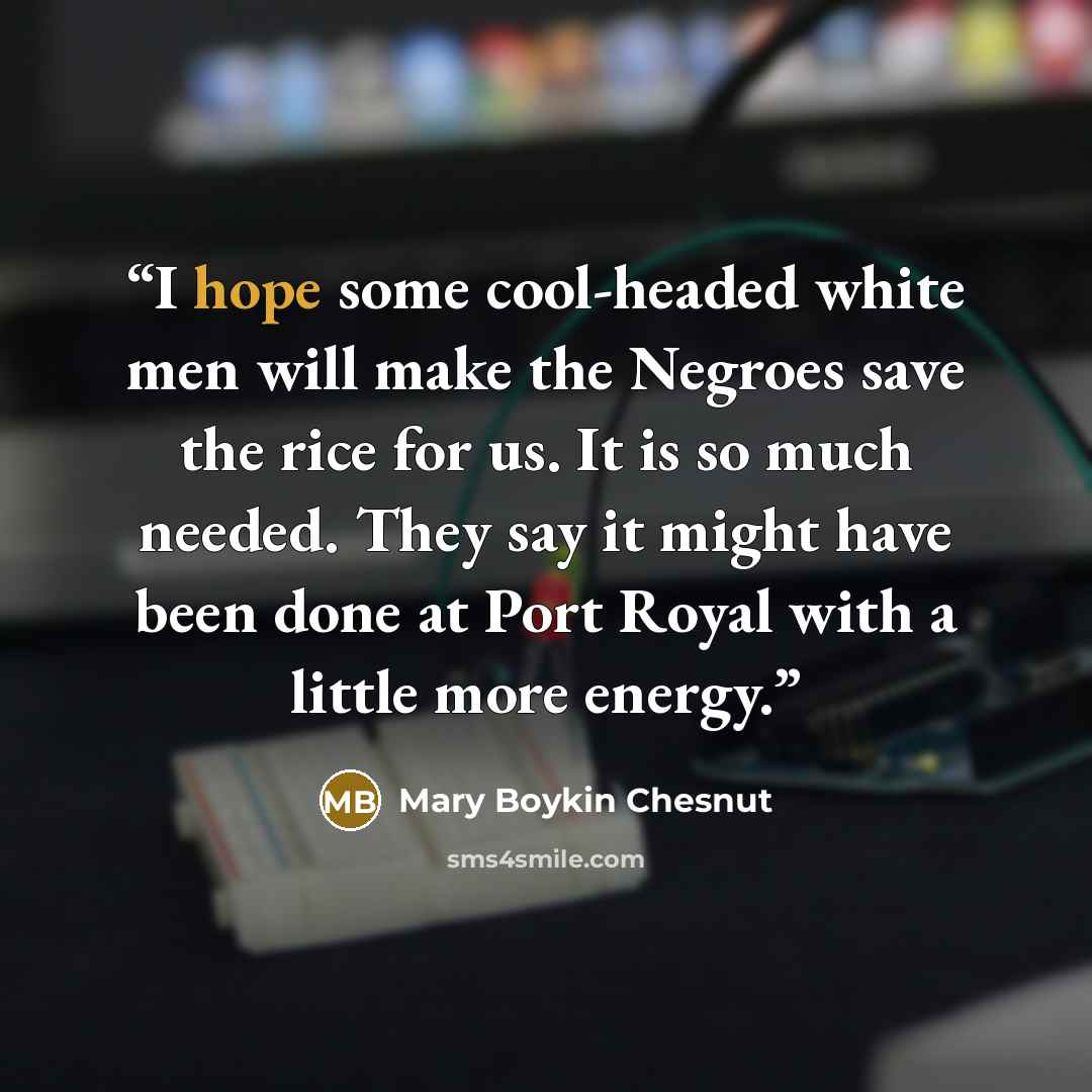 “I hope some cool-headed white men will make the Negroes save the rice for us. It is so much needed. They say it might have been done at Port Royal with a little more energy.” quote by Mary Boykin Chesnut