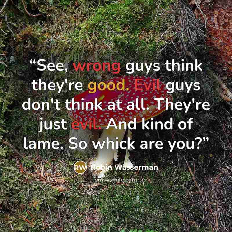 “See, wrong guys think they're good. Evil guys don't think at all. They're just evil. And kind of lame. So whick are you?” quote by Robin Wasserman
