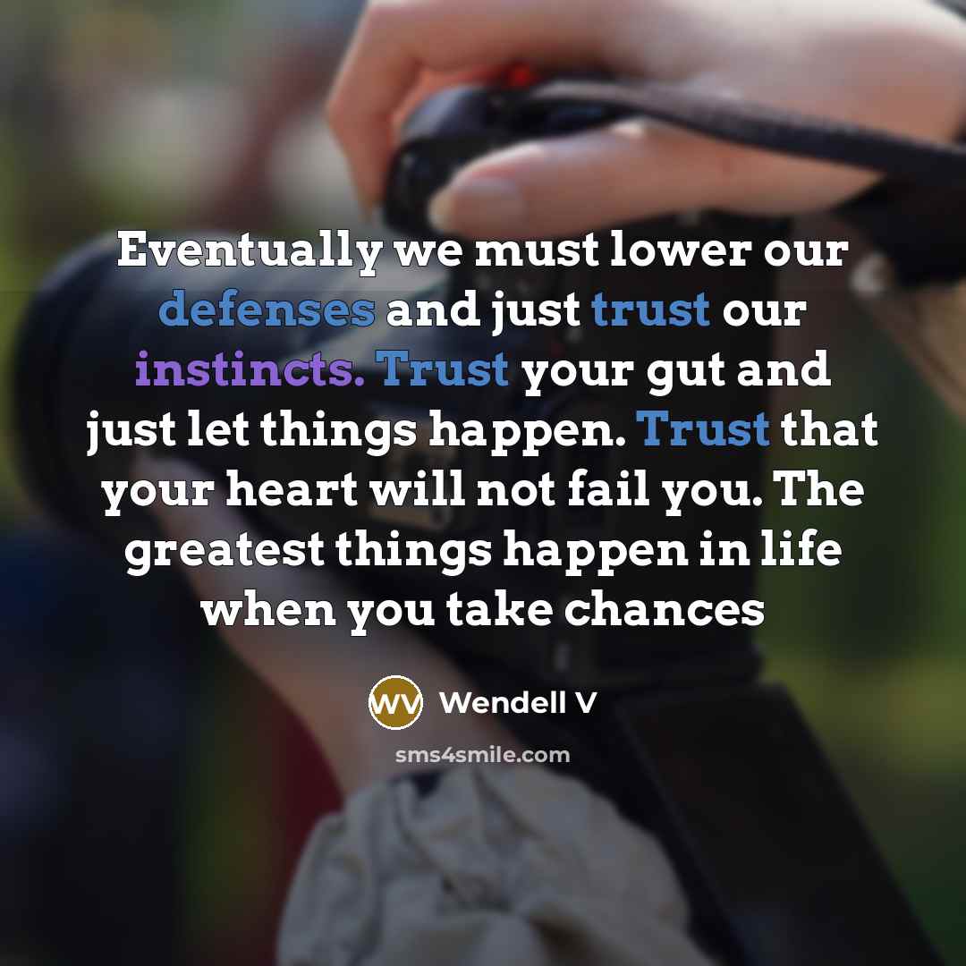 “Eventually we must lower our defenses and just trust our instincts. Trust your gut and just let things happen. Trust that your heart will not fail you. The greatest things happen in life when you take chances” quote by Wendell V