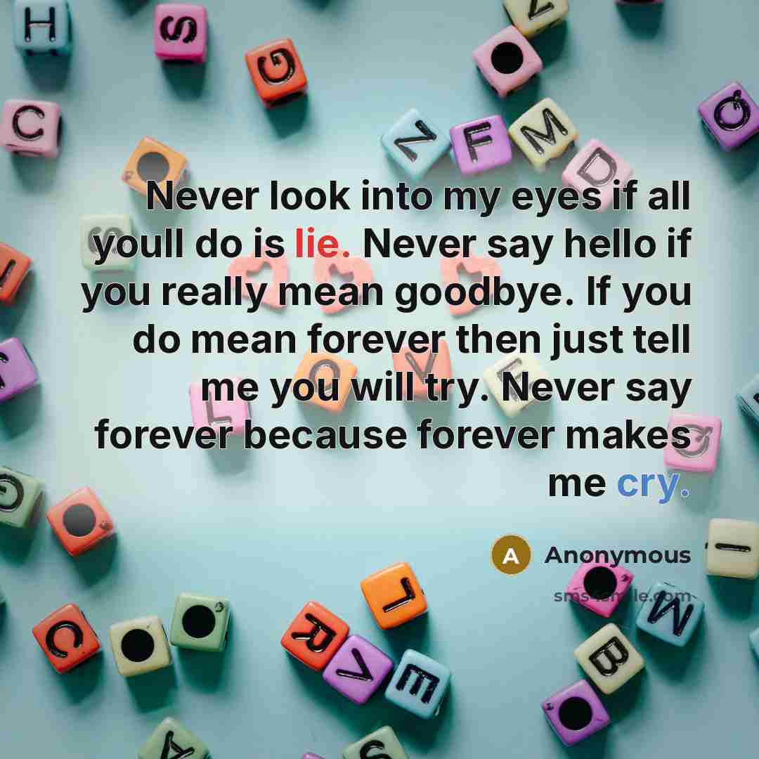 “Never look into my eyes if all youll do is lie. Never say hello if you really mean goodbye. If you do mean forever then just tell me you will try. Never say forever because forever makes me cry.” quote by Anonymous