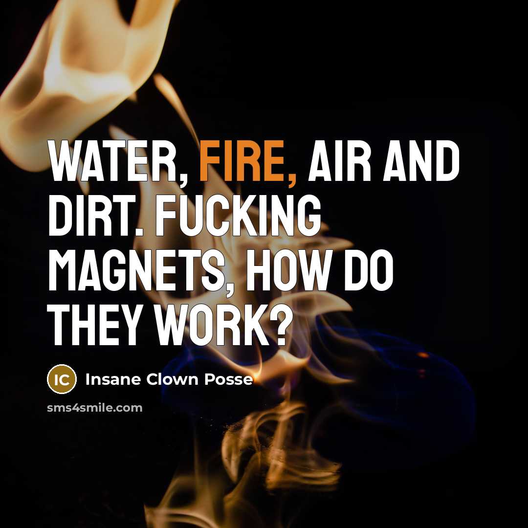 “Water, fire, air and dirt. Fucking magnets, how do they work?” quote by Insane Clown Posse