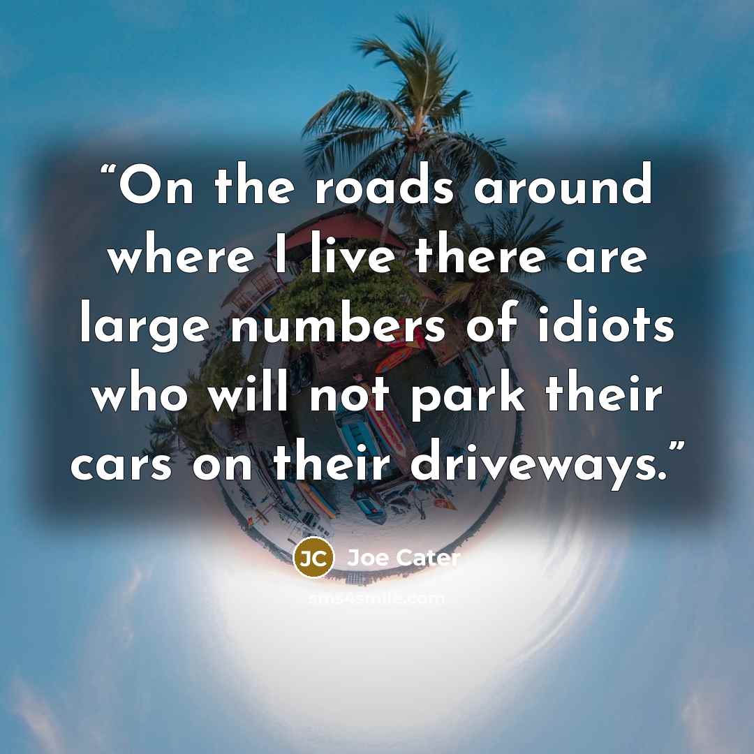 “On the roads around where I live there are large numbers of idiots who will not park their cars on their driveways.” quote by Joe Cater