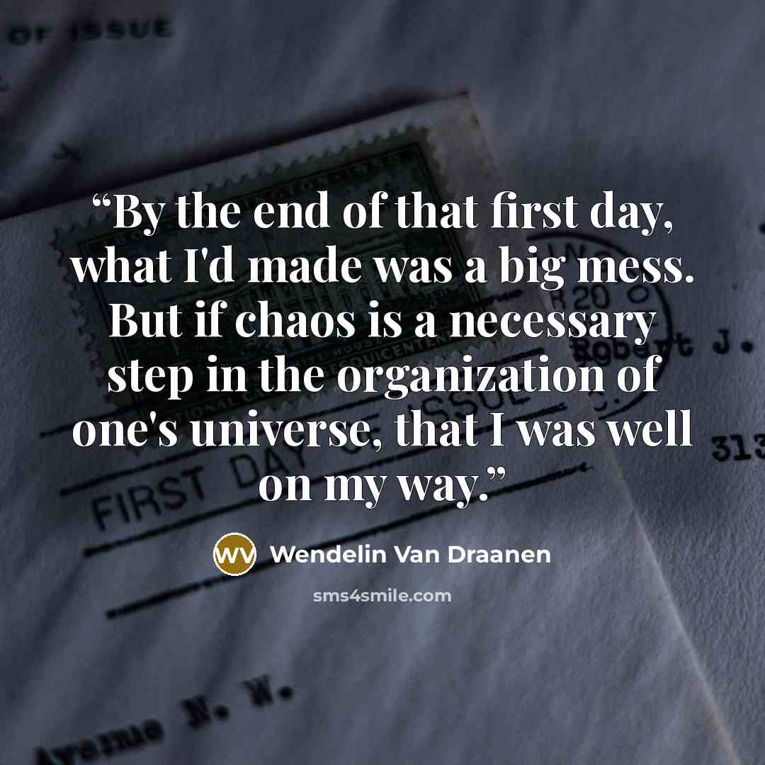 “By the end of that first day, what I'd made was a big mess. But if chaos is a necessary step in the organization of one's universe, that I was well on my way.” quote by Wendelin Van Draanen