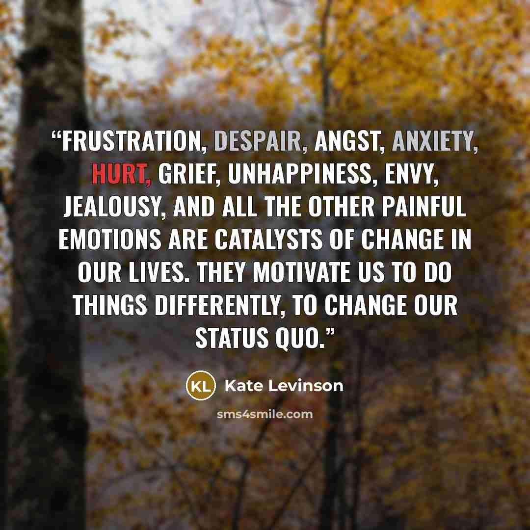 “Frustration, despair, angst, anxiety, hurt, grief, unhappiness, envy, jealousy, and all the other painful emotions are catalysts of change in our lives. They motivate us to do things differently, to change our status quo.” quote by Kate Levinson