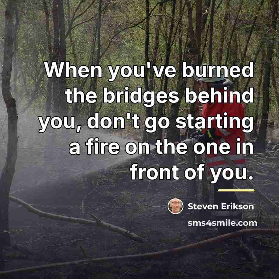“When you've burned the bridges behind you, don't go starting…” quote by Steven Erikson