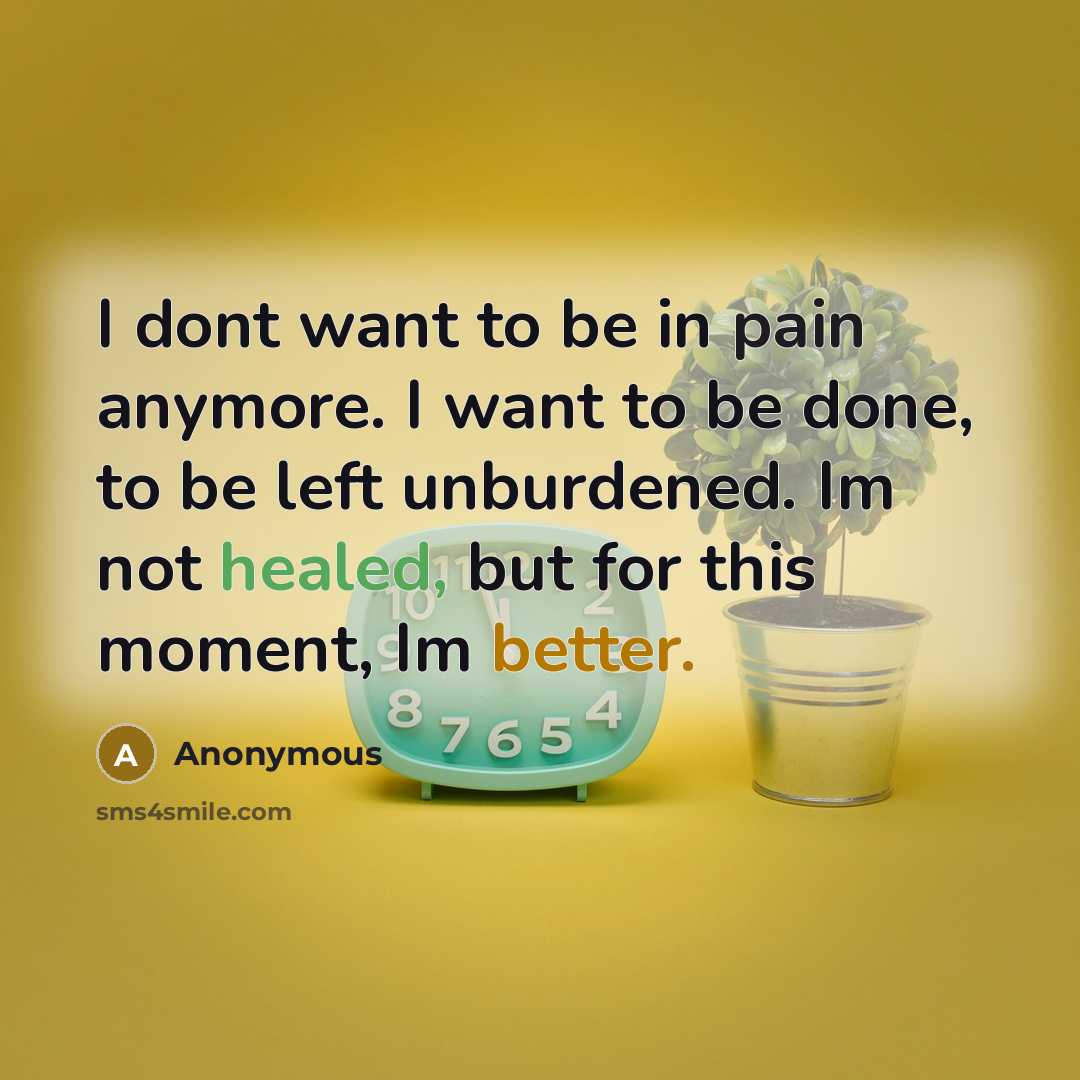 “I dont want to be in pain anymore. I want to be done, to be left unburdened. Im not healed, but for this moment, Im better.” quote by Anonymous