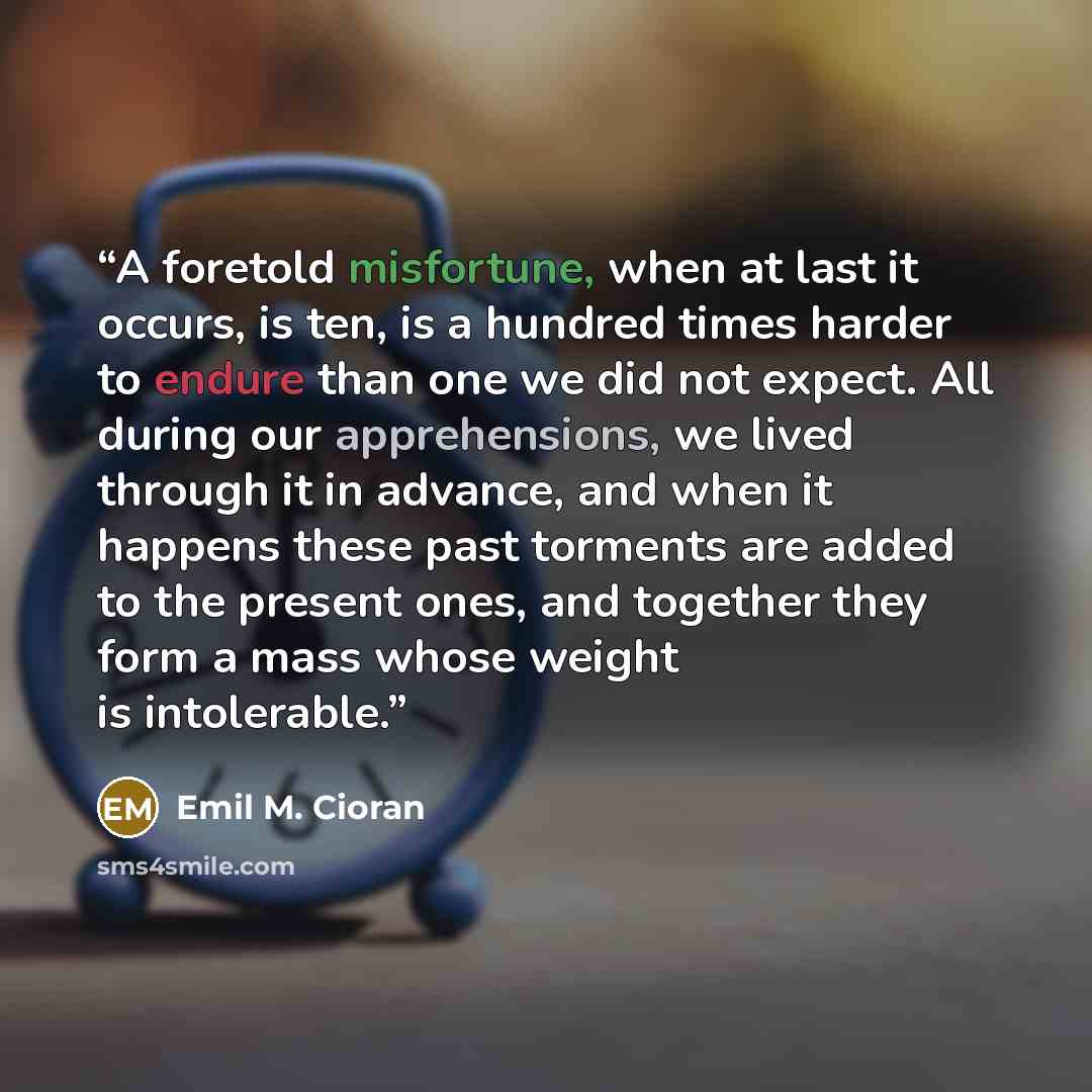 “A foretold misfortune, when at last it occurs, is ten, is a hundred times harder to endure than one we did not expect. All during our apprehensions, we lived through it in advance, and when it happens these past torments are added to the present ones, and together they form a mass whose weight is…” quote by Emil M. Cioran