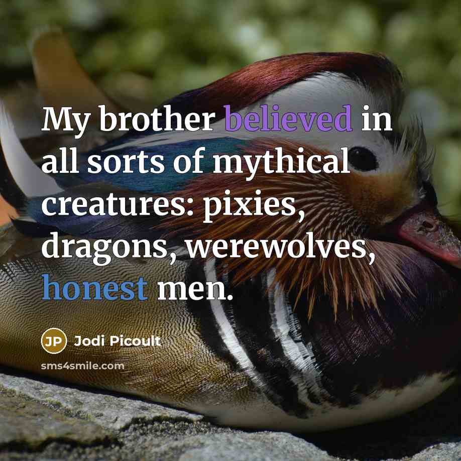“My brother believed in all sorts of mythical creatures: pixies,…” quote by Jodi Picoult