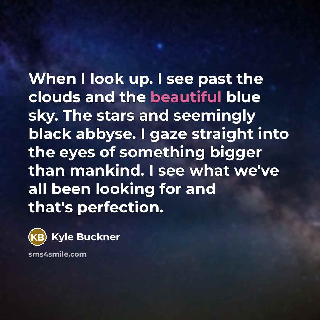 “When I look up. I see past the clouds and the beautiful blue sky. The stars and seemingly black abbyse. I gaze straight into the eyes of something bigger than mankind. I see what we've all been looking for and that's perfection.” quote by Kyle Buckner