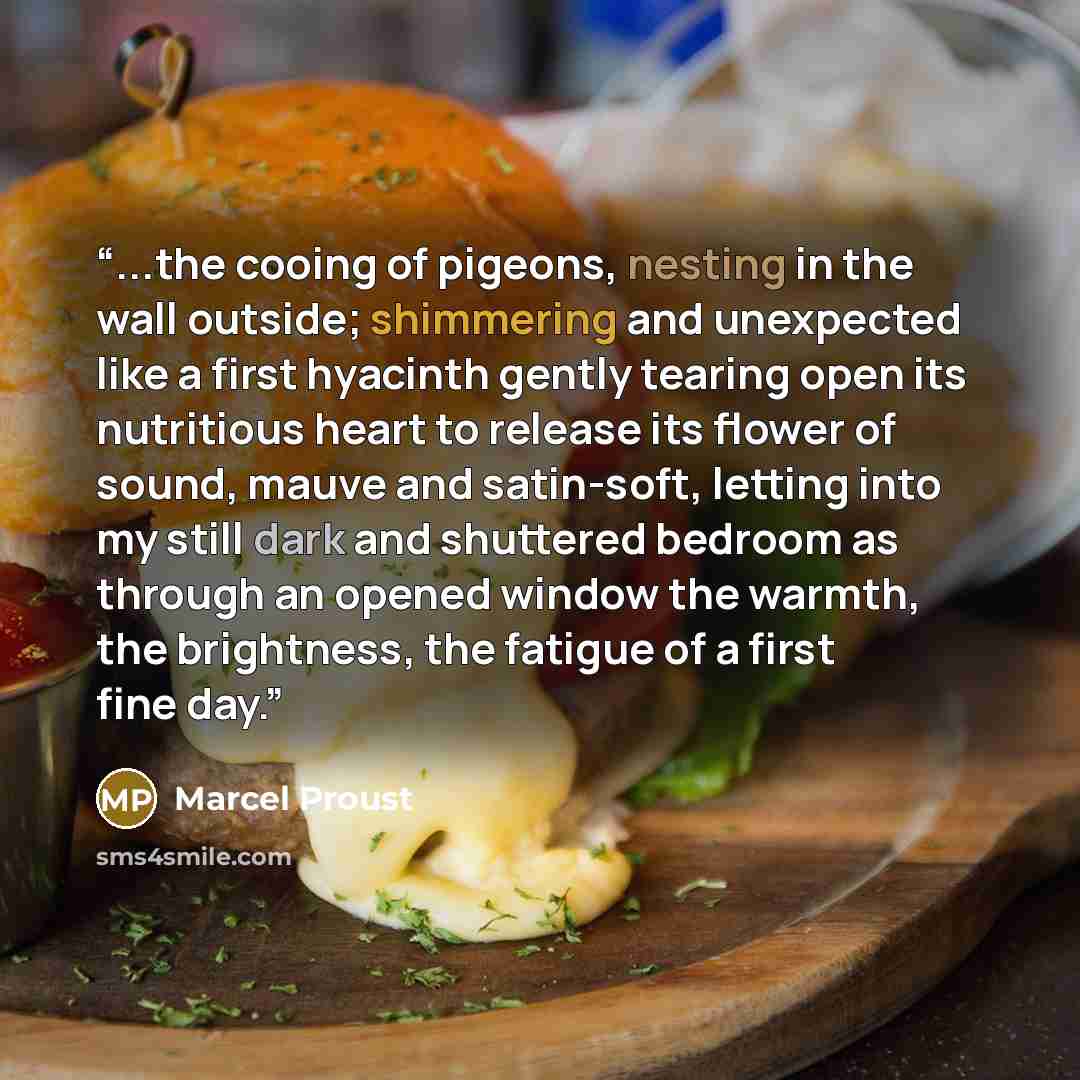 “...the cooing of pigeons, nesting in the wall outside; shimmering and unexpected like a first hyacinth gently tearing open its nutritious heart to release its flower of sound, mauve and satin-soft, letting into my still dark and shuttered bedroom as through an opened window the warmth, the…” quote by Marcel Proust
