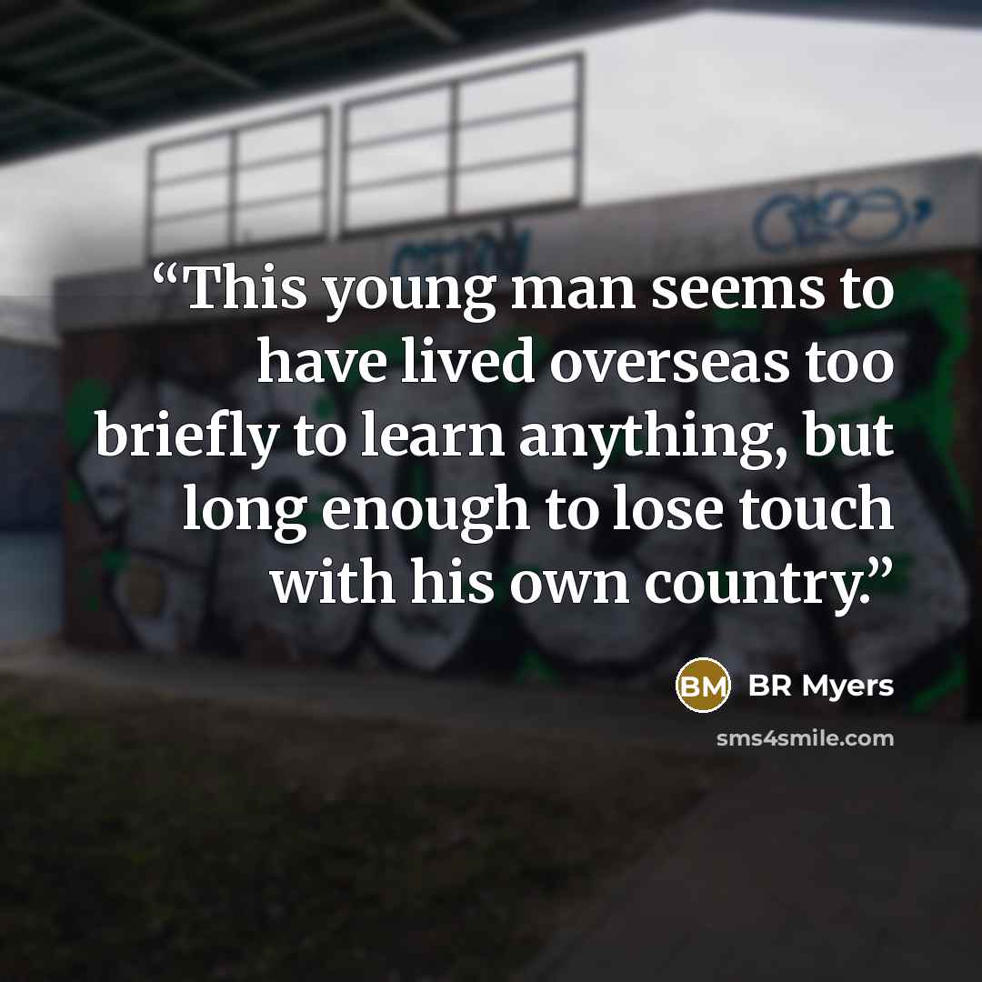 “This young man seems to have lived overseas too briefly to learn anything, but long enough to lose touch with his own country.” quote by BR Myers