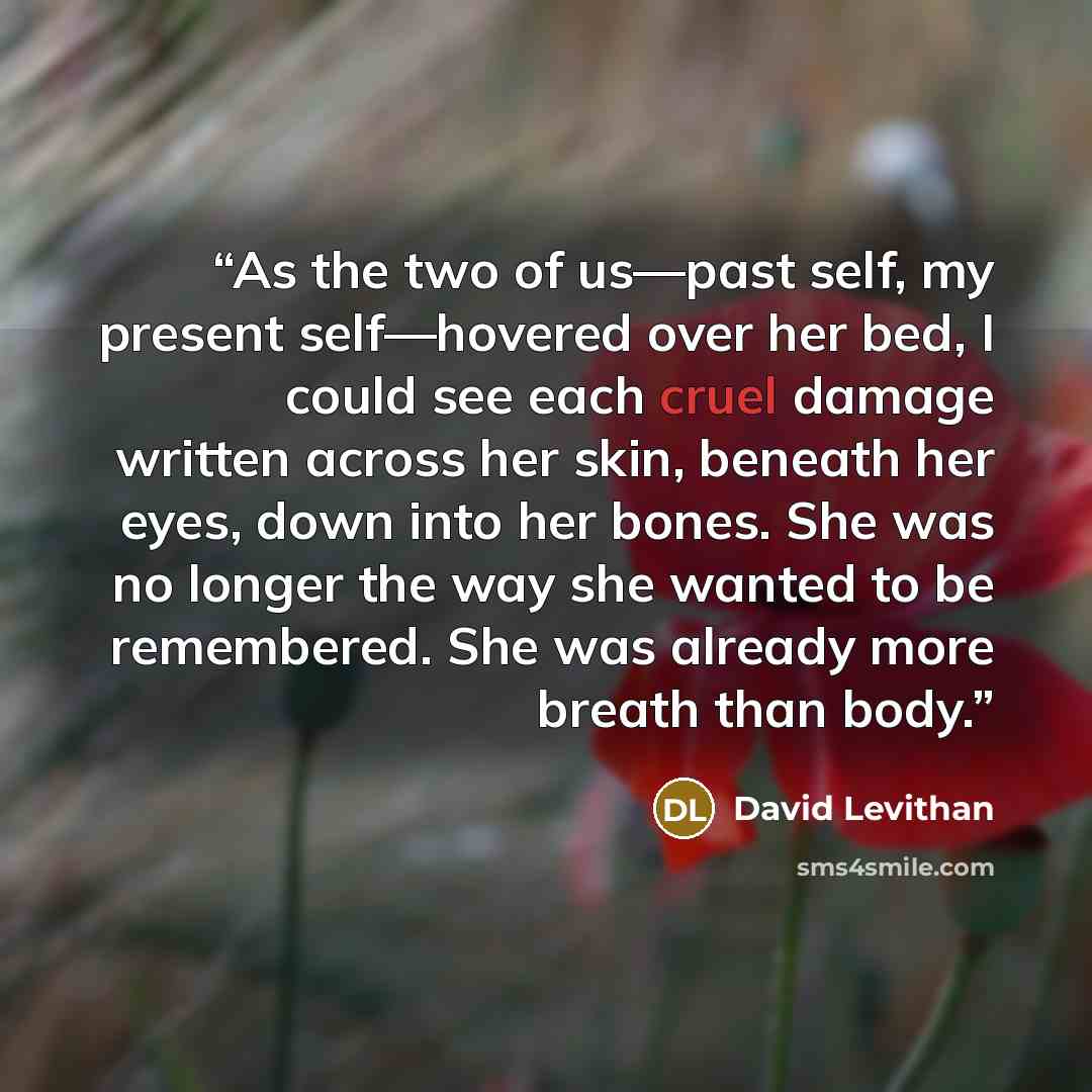 “As the two of us—past self, my present self—hovered over her bed, I could see each cruel damage written across her skin, beneath her eyes, down into her bones. She was no longer the way she wanted to be remembered. She was already more breath than body.” quote by David Levithan